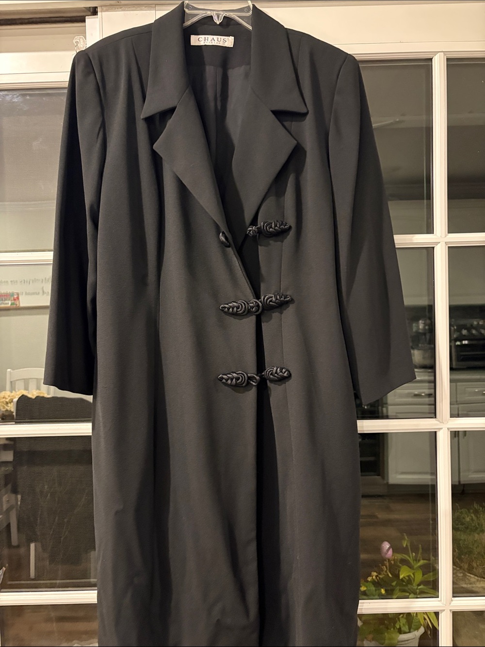 Chaus Black Women's Long Trench Coat with Decorative Frog Closures